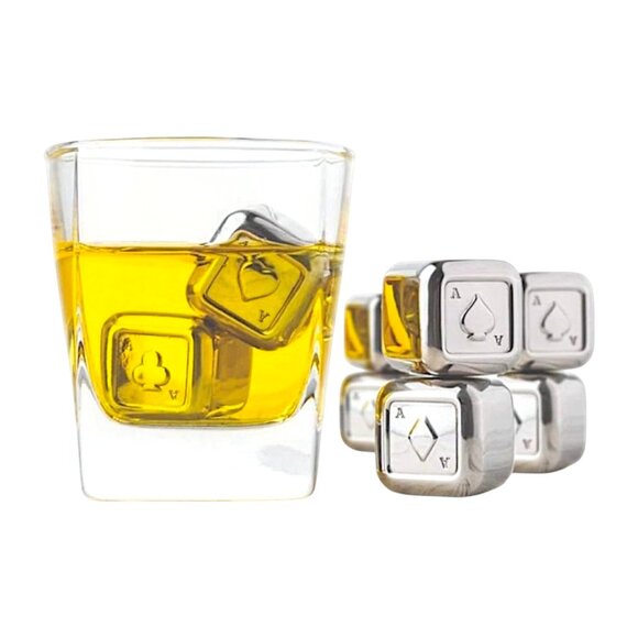 Double Sided Poker Themed Stainless Steel Chilling Cubes with Tongs - 5pc Set - Picture 4 of 5